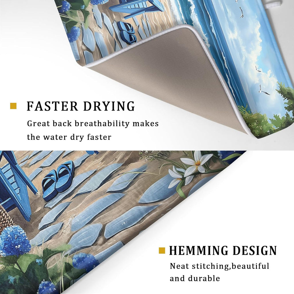 Summer Beach Chairs Dish Drying Mat Sea Wave Blue Floral Drying Mat fo Kitchen Counter 16”x18” Absorbent Reversible Kitchen Mat Non-Slip Ocean Themed Dish Drainer Rack Mat for Countertop Coffee Bar