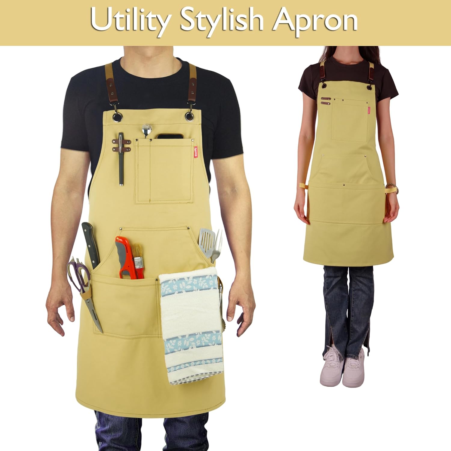 5 Pack Kitchen Apron, Work Apron, Canvas, Multiple Pockets, Gardening, Painting, BBQ, Artist, Carpenter, Sizes M to XXL, Amber