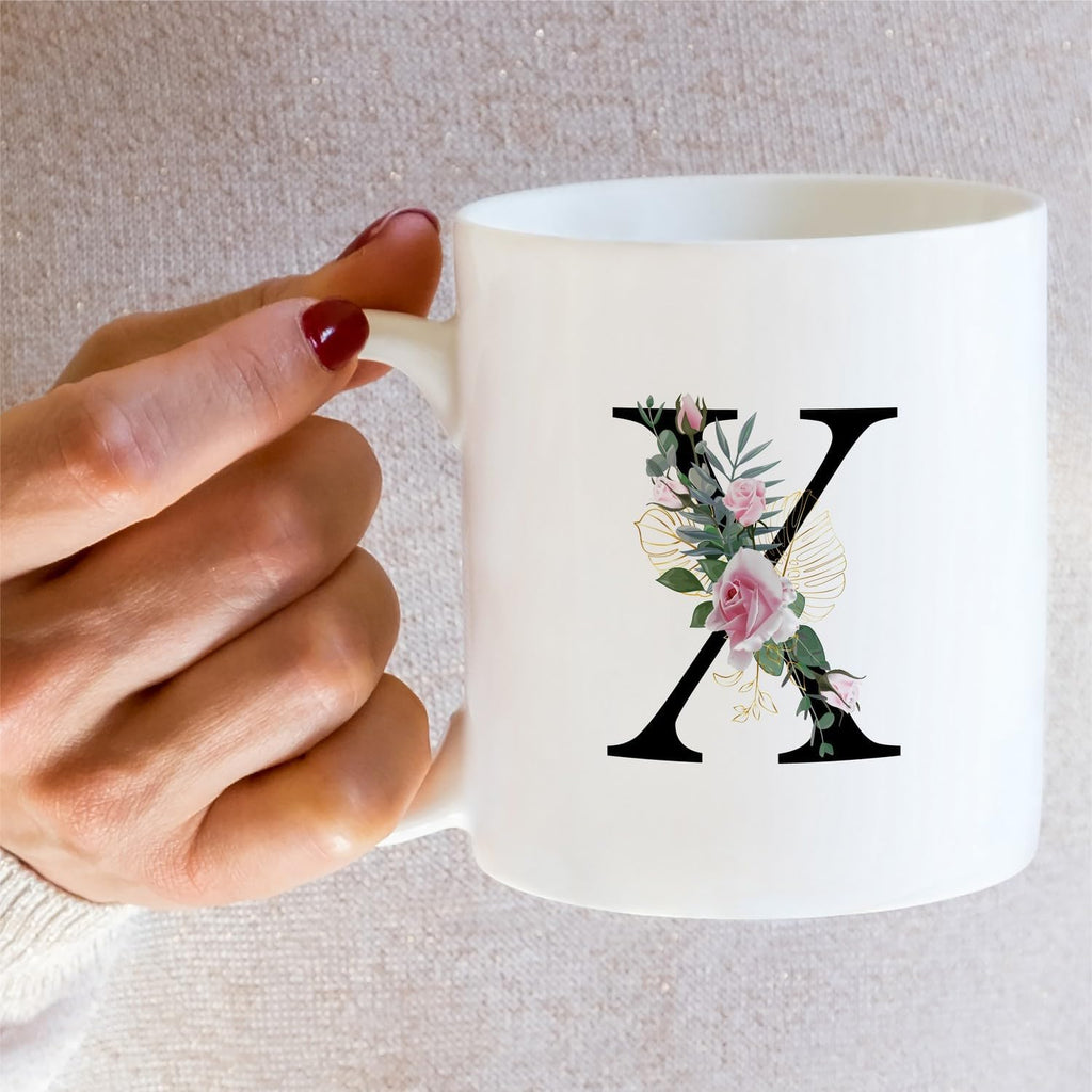 Retreez Initial A-Z Floral Botanical Bouquet Alphabet Monogrammed Monogram Mug 11 Oz Ceramic Tea Coffee Mugs - Appreciation Thank You Wedding Birthday Gifts for her friend coworker sister - X Initial