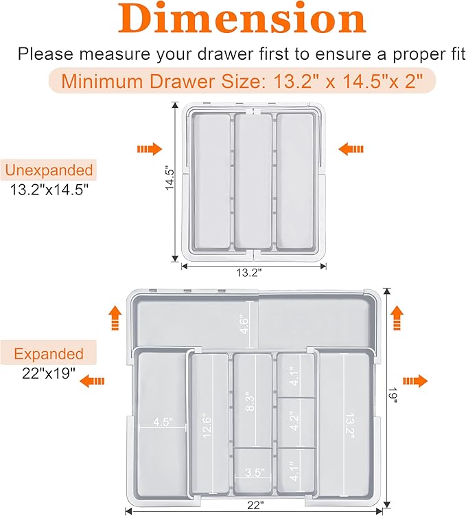 Large Utensil Drawer Organizer Expandable Silverware Organizer for Kitchen Drawer Adjustable Cooking Utensil Holder Cutlery Flatware Tray Spatula Tools Gadgets Storage Dividers Plastic Grey