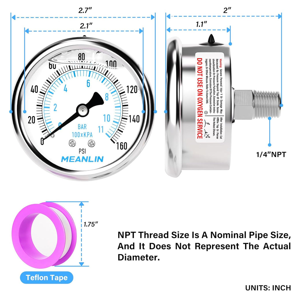 MEANLIN MEASURE 0~160Psi Liquid Filled Pressure Gauge Stainless Steel with 316 Stainless Steel Joint 1/4" NPT 2.5" FACE DIAL for Air Compressor RV Regulator Water Pressure Tester Center Back Mount