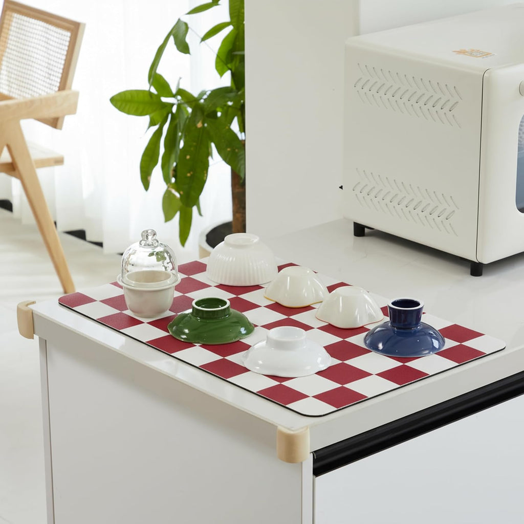 Red Checkered Dish Drying Mat for Kitchen Counter, Coffee Bar Station Accessories, Retro Cute Aesthetic Modern Absorbent Drainer Mat Kitchen Drying Mat Easy Clean 19" x 12"