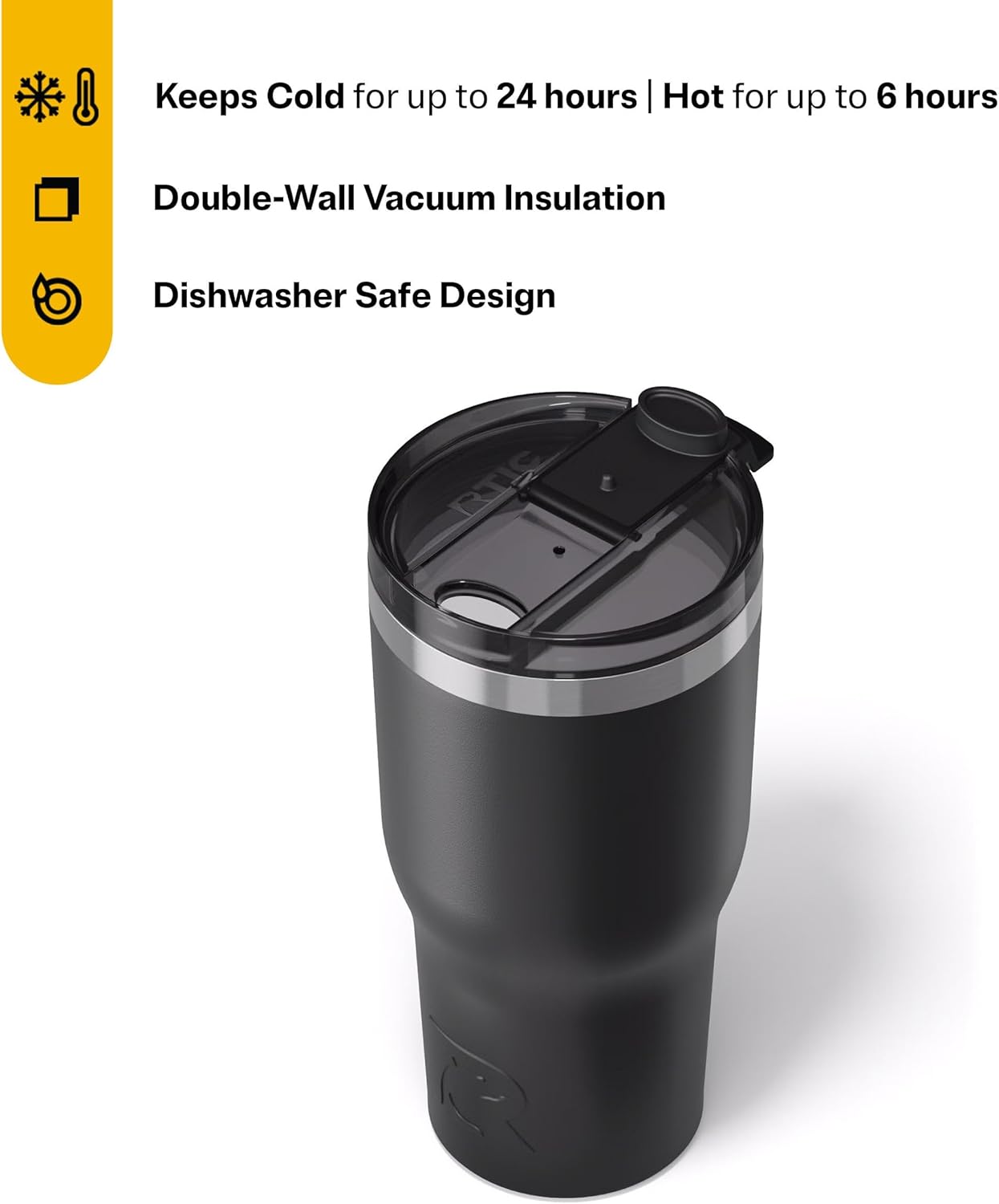 RTIC 30oz Essential Tumbler with Lid, Insulated, Stainless Steel, Metal, Double Wall Vacuum-Insulation, Ceramic Lined, Travel Cup for Iced Coffee, Tea, Hot and Cold Drink, Black