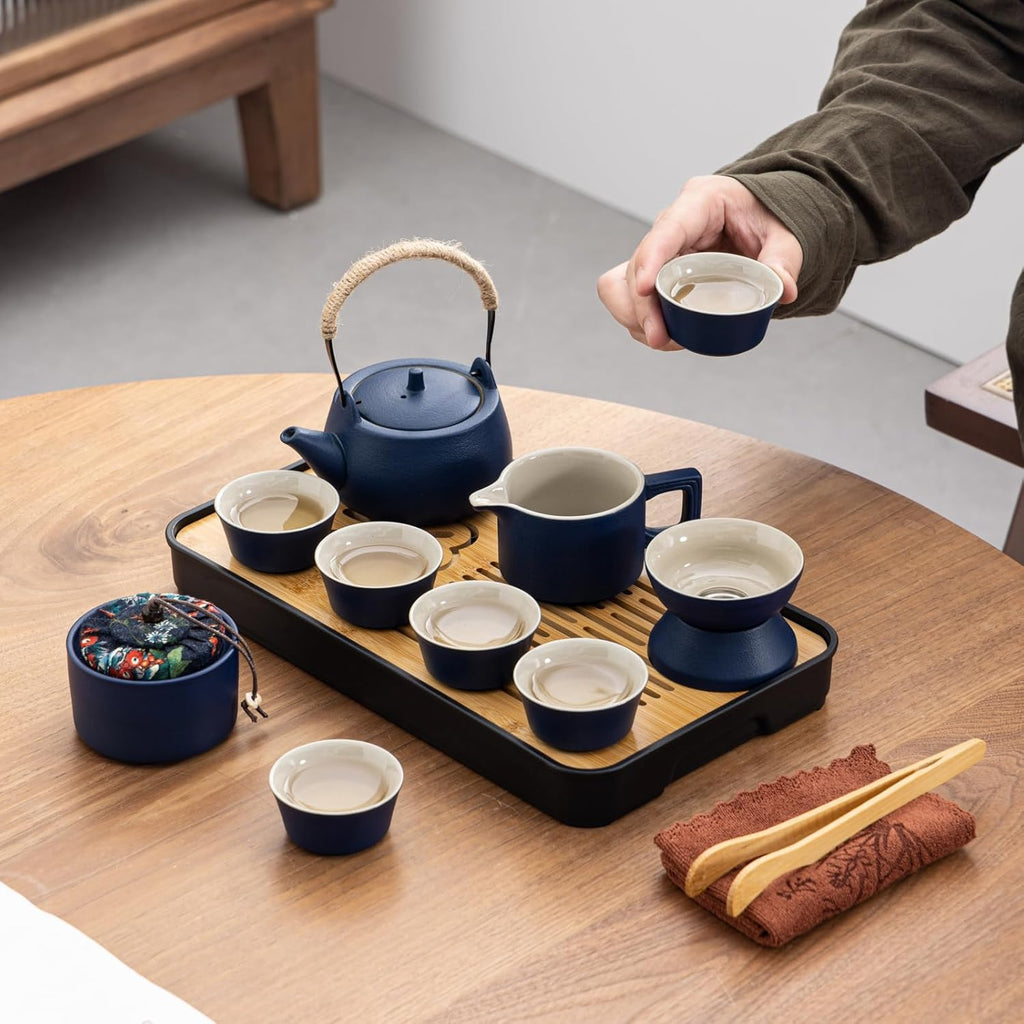 Travel tea set,Portable ceramic tea set,Chinese tea set,Tea sets for adults,Tea pot sets,Portable Travel Bag,Home,Gifting,Outdoor and Office,茶具 (Blue)