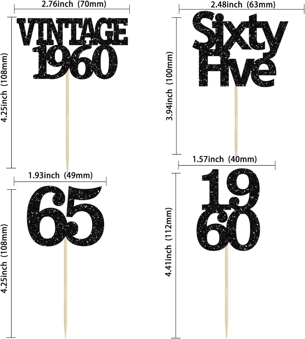 Gyufise 24Pcs Vintage 1960 Cupcake Toppers Glitter Cheers to 65 Fabulous Sixty Five Cupcake Picks 65th Birthday Wedding Anniversary Party Cake Decorations Supplies Black