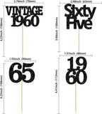 Gyufise 24Pcs Vintage 1960 Cupcake Toppers Glitter Cheers to 65 Fabulous Sixty Five Cupcake Picks 65th Birthday Wedding Anniversary Party Cake Decorations Supplies Black