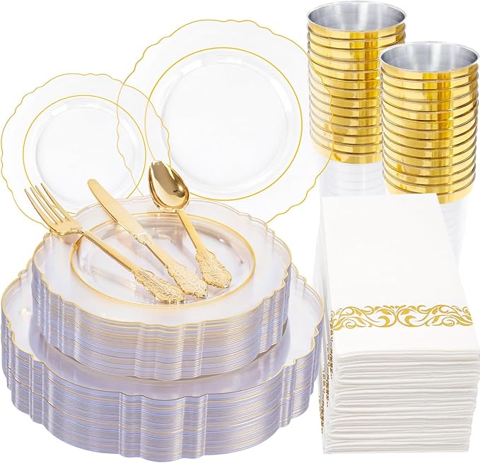 KIRE 210Pcs Clear and Gold Plastic Plates - Heavy Duty Clear Plates with Gold Rim - Disposable Dinnerware Sets of 60 Plastic Plate 90 Silverware 30 Cups 30 Napkins for Wedding/Thanksgiving Parties