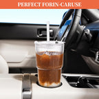 20 oz Tumblers with Lids and Straws, Ribbed Glass Set of 4-Clear Ice Coffee Cups Ideal for Smoothies, Juice, Boba & Cold Beverages, Durable reusable Glassware，Drinking Glasses with 1 Brush