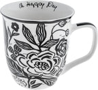 Karma Gifts 16 oz Black and White Boho Mug Floral - Cute Coffee and Tea Mug - Ceramic Coffee Mugs for Women and Men, 4.25" x 3.7"
