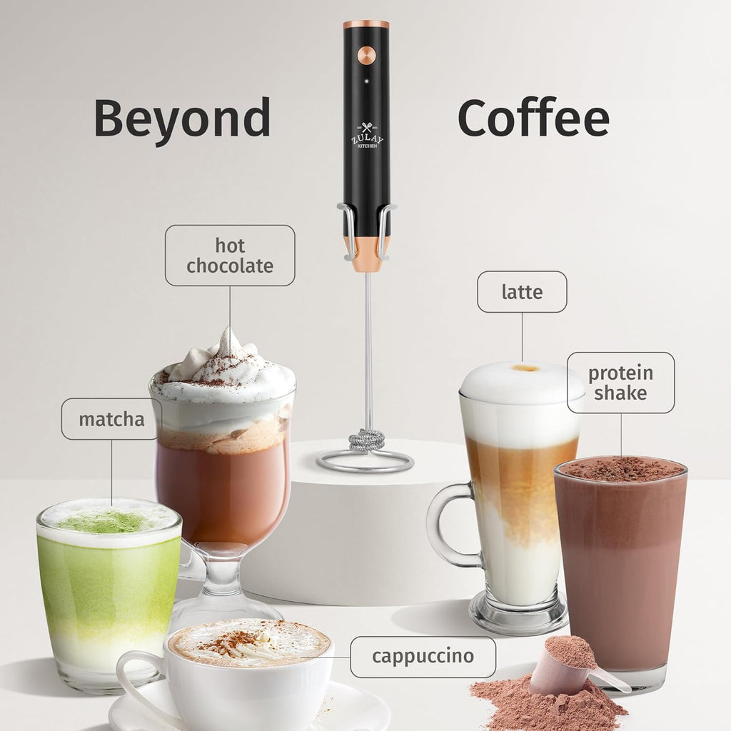 Zulay Kitchen Lux Rechargeable Milk Frother Handheld - Powerful 2-Speed Motor, Fully Waterproof, 2000mAh Battery - Drink Mixer For Latte, Cappuccino, Matcha, Protein Powder - Black Copper