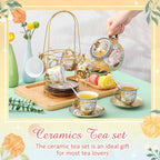 Zhehao 20 Pcs Porcelain Tea Set with Metal Holder and Spoon Adult Ceramic Tea Party Set European Flower Painting Teapot Cup Saucer Spoon Set for Women, Large Version(Classic Style)