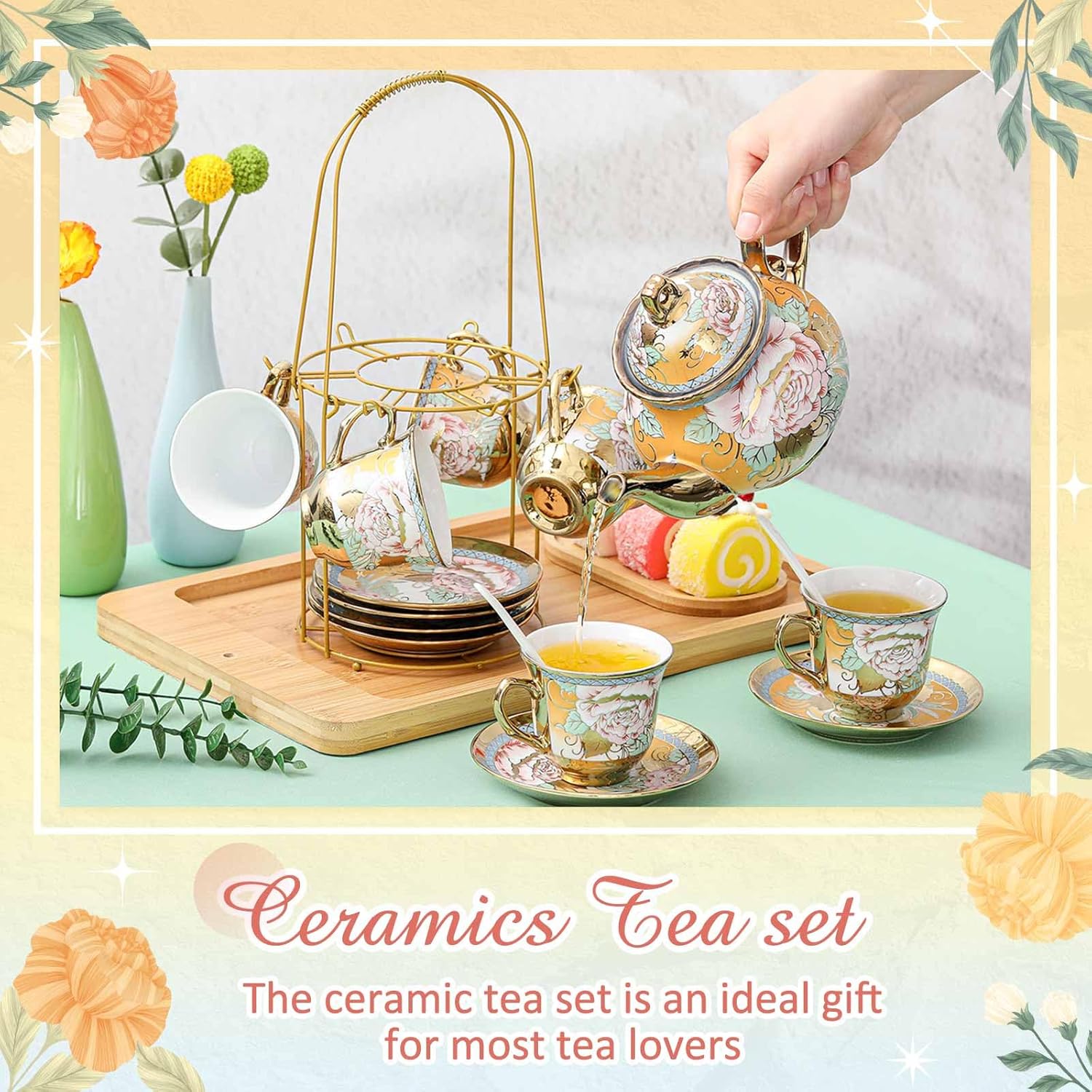 Zhehao 20 Pcs Porcelain Tea Set with Metal Holder and Spoon Adult Ceramic Tea Party Set European Flower Painting Teapot Cup Saucer Spoon Set for Women, Large Version(Classic Style)