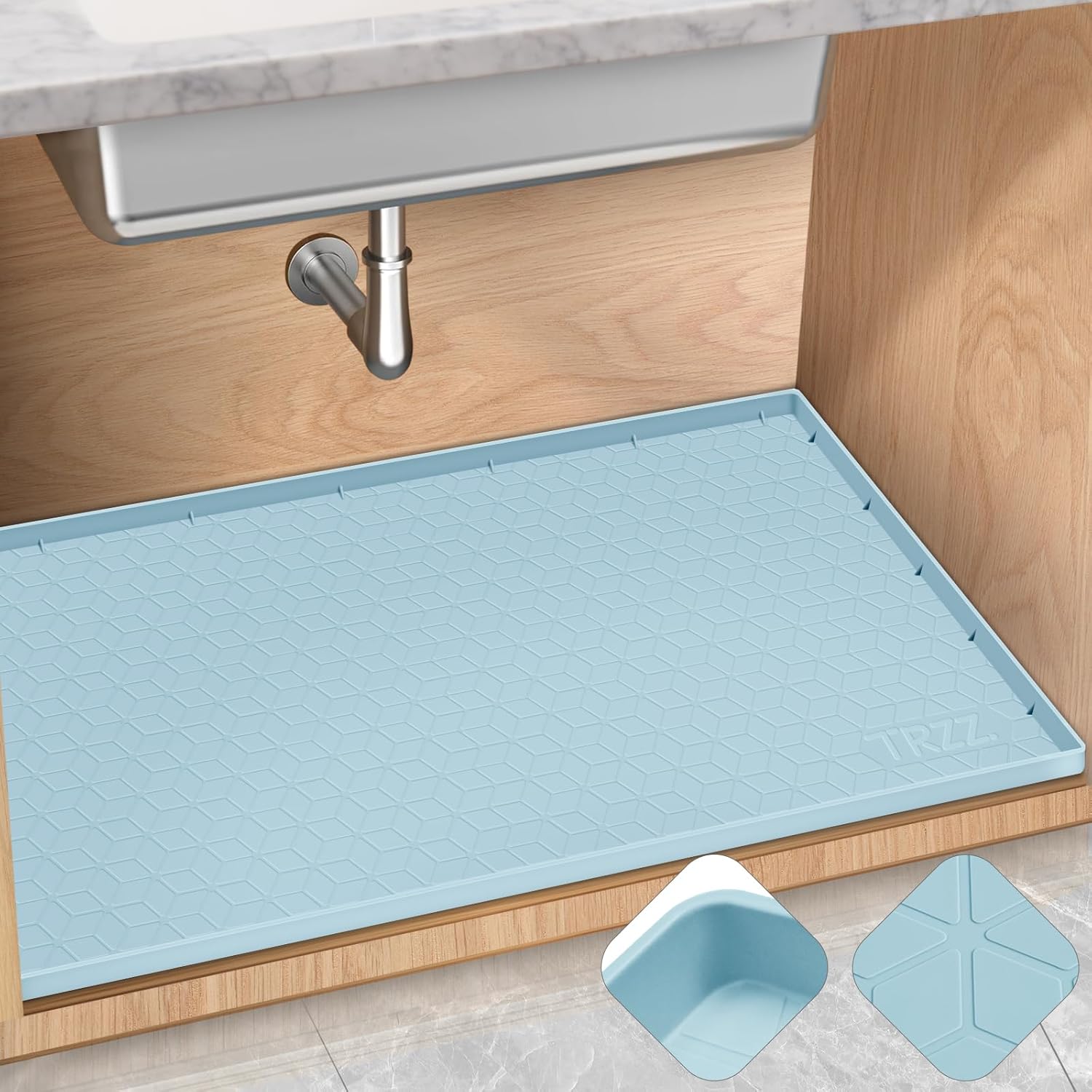 TRZZ Silicone Waterproof Under Sink Mat 34" x 22", Drip Tray and Cabinet Liner for Kitchen and Bathroom, Prevents Water Damage and Organizes Cabinets (Light Blue)