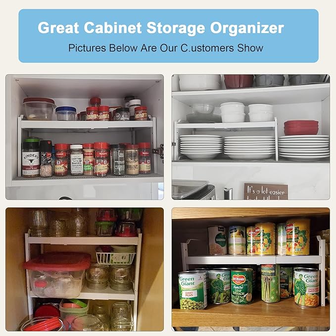 2 Pack Stackable Expandable Shelves For Kitchen Cabinet Countertop Storage, Adjustable Counter Cupboard Pantry Organizer Shelf Rack Stand, Length:25.5 Inch