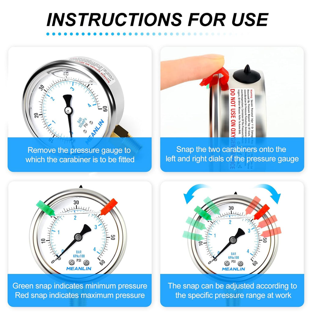 MEANLIN MEASURE 0~60Psi Liquid Filled Pressure Gauge 1/4" NPT 2.5" FACE DIAL Stainless Steel Glycerin Filled WOG Water Oil Air Lower Mount (with 2PCS Snaps)