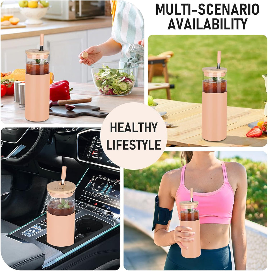 Glass Tumbler w/Lids & Straw - 24oz Reusable Glass Mug/Bamboo Lid & Stainless Steel Straw-BPA Free, Leak-Proof, Dishwash Safe for Coffee, Smoothies, Hot Beverages, Travel, Office, Home Use，2-PK