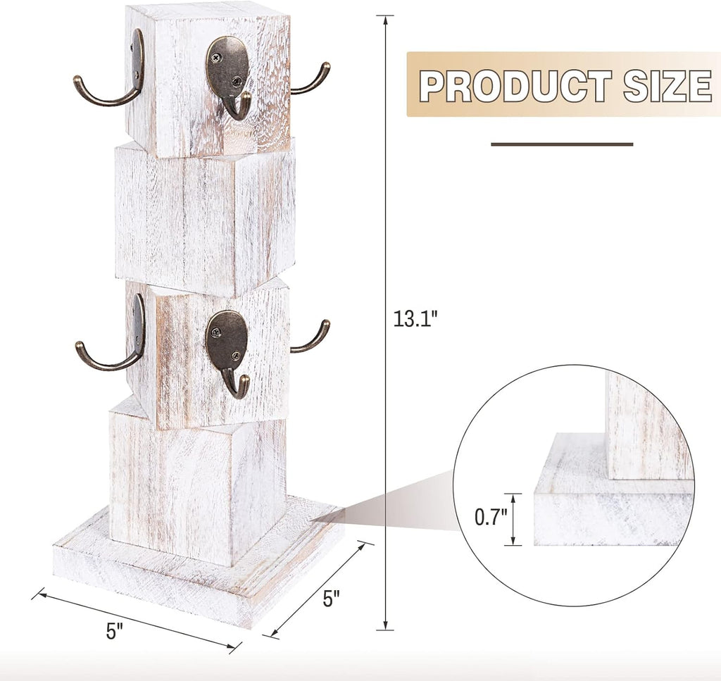 Coffee Mug Holder Tree, Rustic Solid Wood Mug Tree Stand with 8 Hooks, Farmhouse Coffee Cup Holder for Counter, Mug Hanger for Kitchen Organizer, Farmhouse White