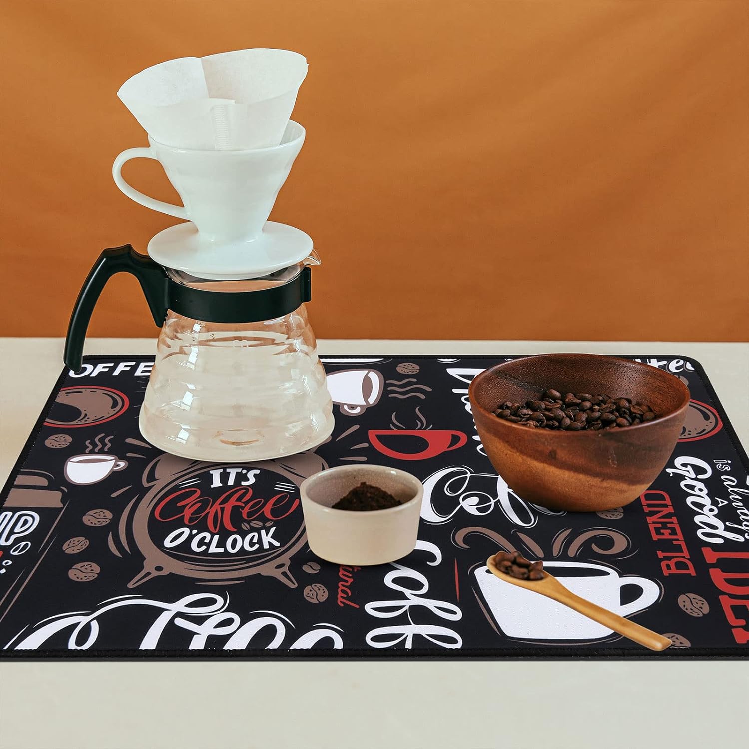 SHACOS Coffee Bar Mats 2-pack, 12x19 Inch Absorbent Non-Slip Rubber, Waterproof & Heat Resistant, Black