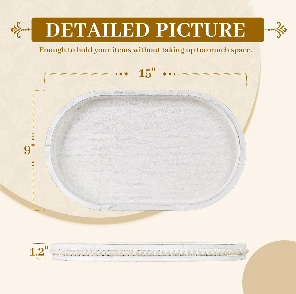MAONAME Wood Serving Tray, Farmhouse Wooden Tray for Coffee Table, Oval Beaded Trays, Vintage White Decorative Trays for Living Room, Kitchen, 15" X 9" X 1.2"