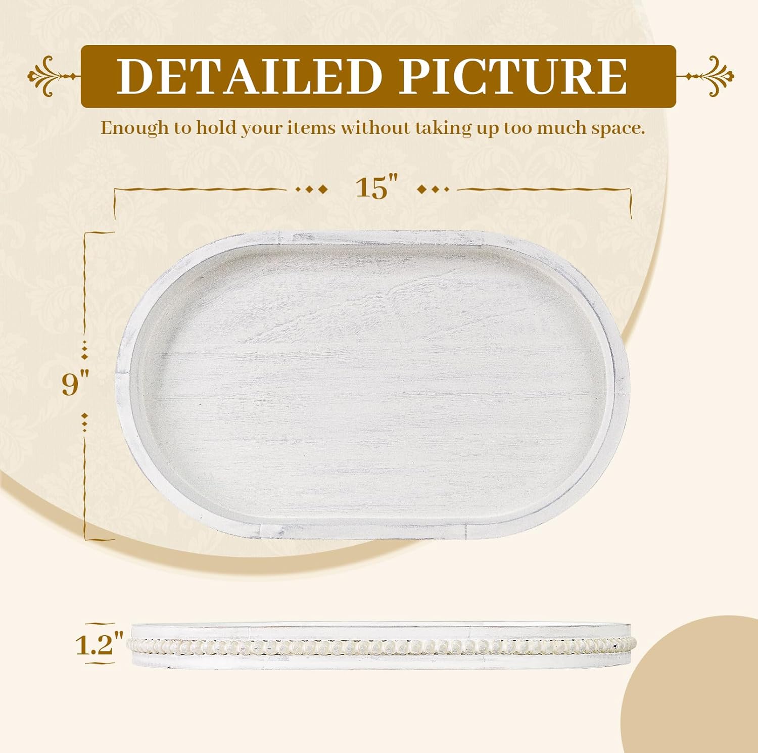 MAONAME Wood Serving Tray, Farmhouse Wooden Tray for Coffee Table, Oval Beaded Trays, Vintage White Decorative Trays for Living Room, Kitchen, 15" X 9" X 1.2"
