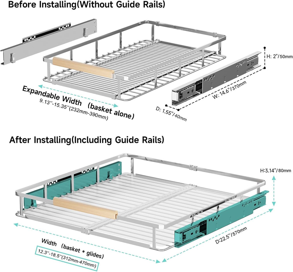 Expandable Pull Out Cabinet Organizer, Adjustable Width:12.3~18.5''W x 22.5''D Under Sink Organizer, Drawer Storage Shelves for Kitchen, Bathroom, Closet, Pantry, Cupboard, Pots, Pans