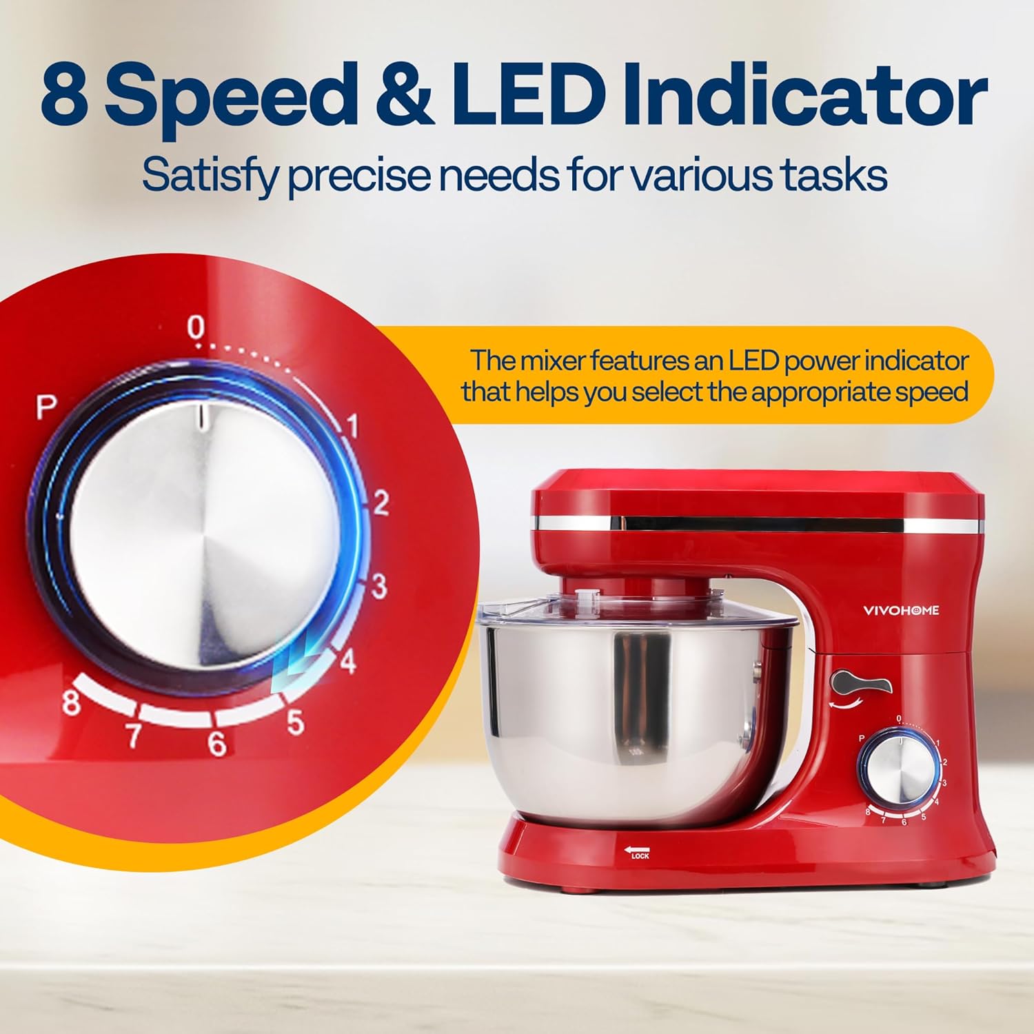 VIVOHOME 4.75 Quart Stand Mixer, 8 Speed Kitchen Electric Food Mixer, Household Stand Mixer for Baking, Cake, Bread with Beater, Dough Hook, Wire Whip and Egg Separator, Red