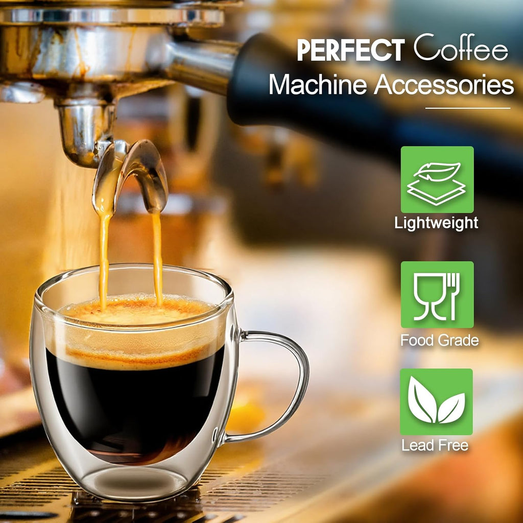 Glass Coffee Cups Set of 4, 8.5oz Double Walled Glass Mugs with Handles, Clear Insulated Coffee Mug Espresso Cups, Cappuccino Latte Tea Cups Set, Heat Resistant Borosilicate Clear Glasses