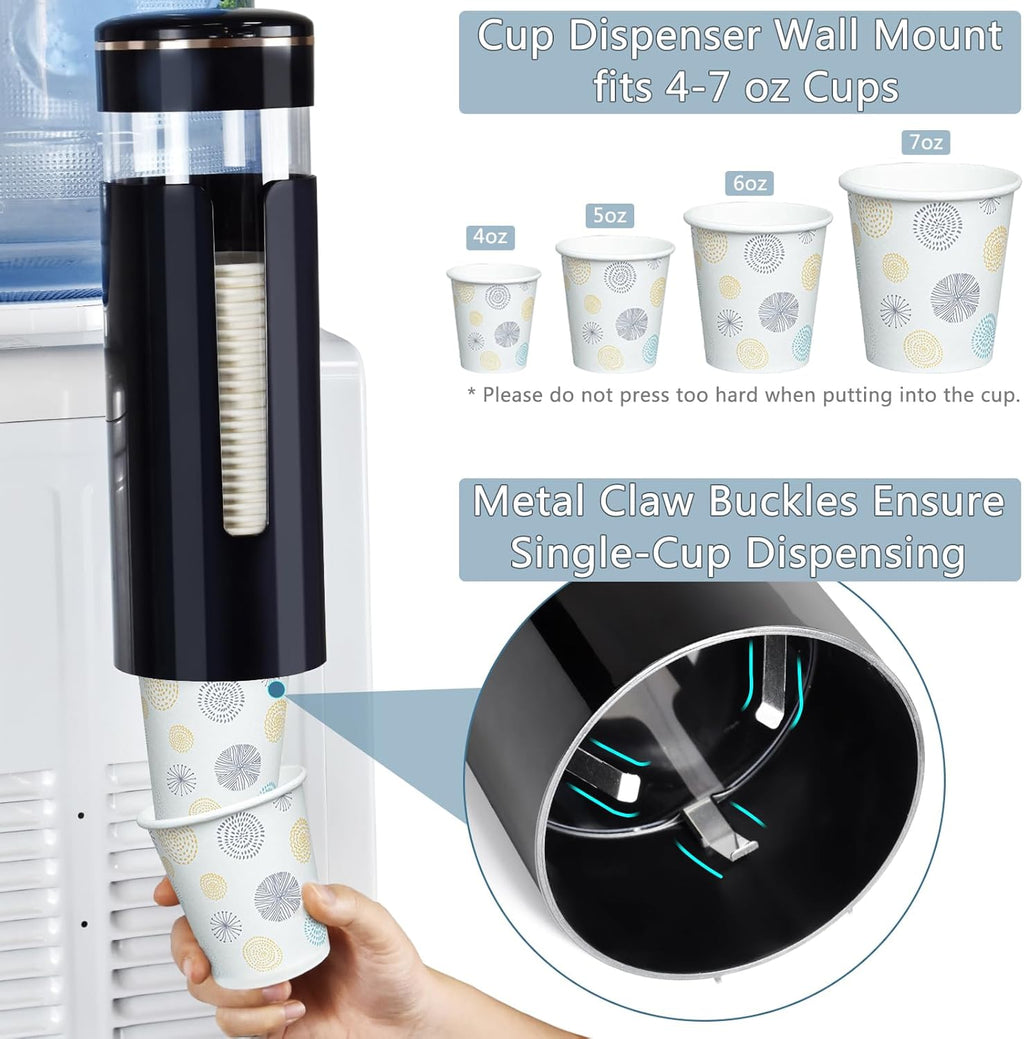Cup Dispenser, Wall Mount Water Cooler Cup Dispenser fits 4-7 oz Disposable Paper and Plastic Cups, Pull Type Cup Holder for Bathroom, Office, Break Room, Gym, Black