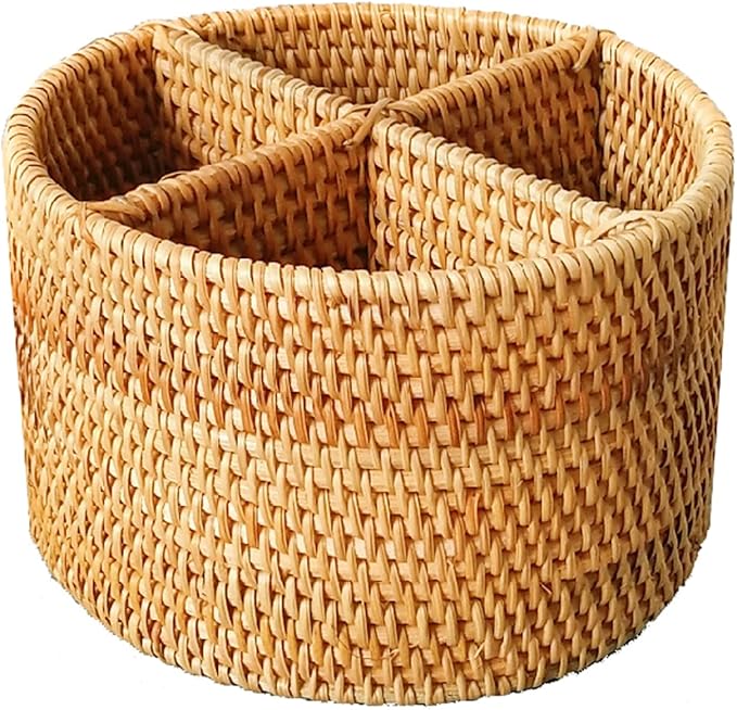 i-lan Natural Rattan 4 Compartments Storage Holder Cosmetics Organizer Utensil and Seasoning Bottle Serving Basket for Party(200mm 4-compartment Round Box)