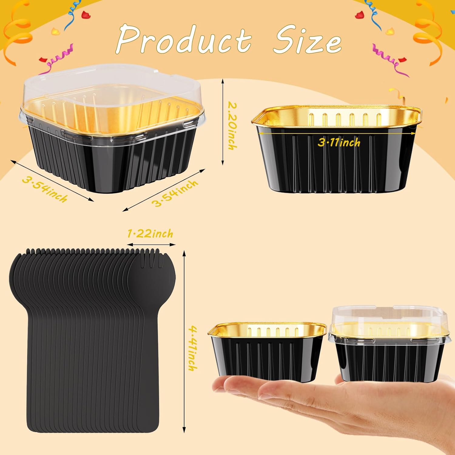 50 Pack Square Mini Cake Pans with Lids,Mini Loaf Pans with Lids,Aluminum Foil Baking Cups,Disposable Ramekins Cupcake Cups,Dessert Cups for Wedding Birthday Party,5oz (Black&Gold)