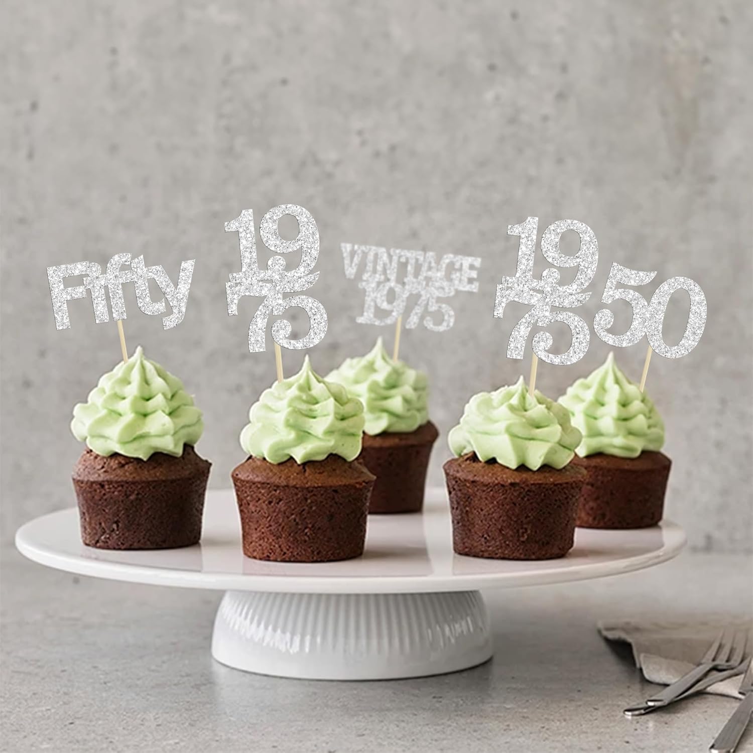 Gyufise 24Pcs 50th Birthday Cupcake Toppers Cheers to 50 Fabulous Fifty Vintage 1975 Cupcake Picks 50th Birthday Wedding Anniversary Party Cake Decorations Supplies Silver