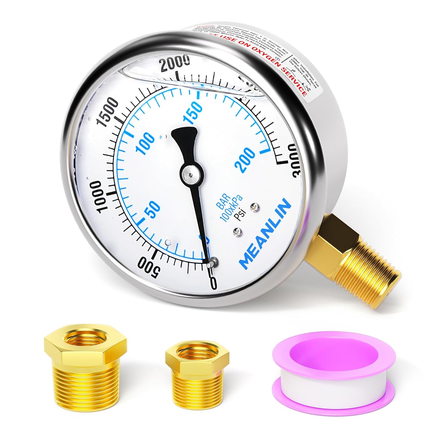 MEANLIN MEASURE 0~3000Psi Stainless Steel 1/4" NPT 2.5" FACE DIAL Liquid Filled Pressure Gauge WOG Water Oil Air Lower Mount, with 1/2" NPT and 3/8" NPT Hex Bushing