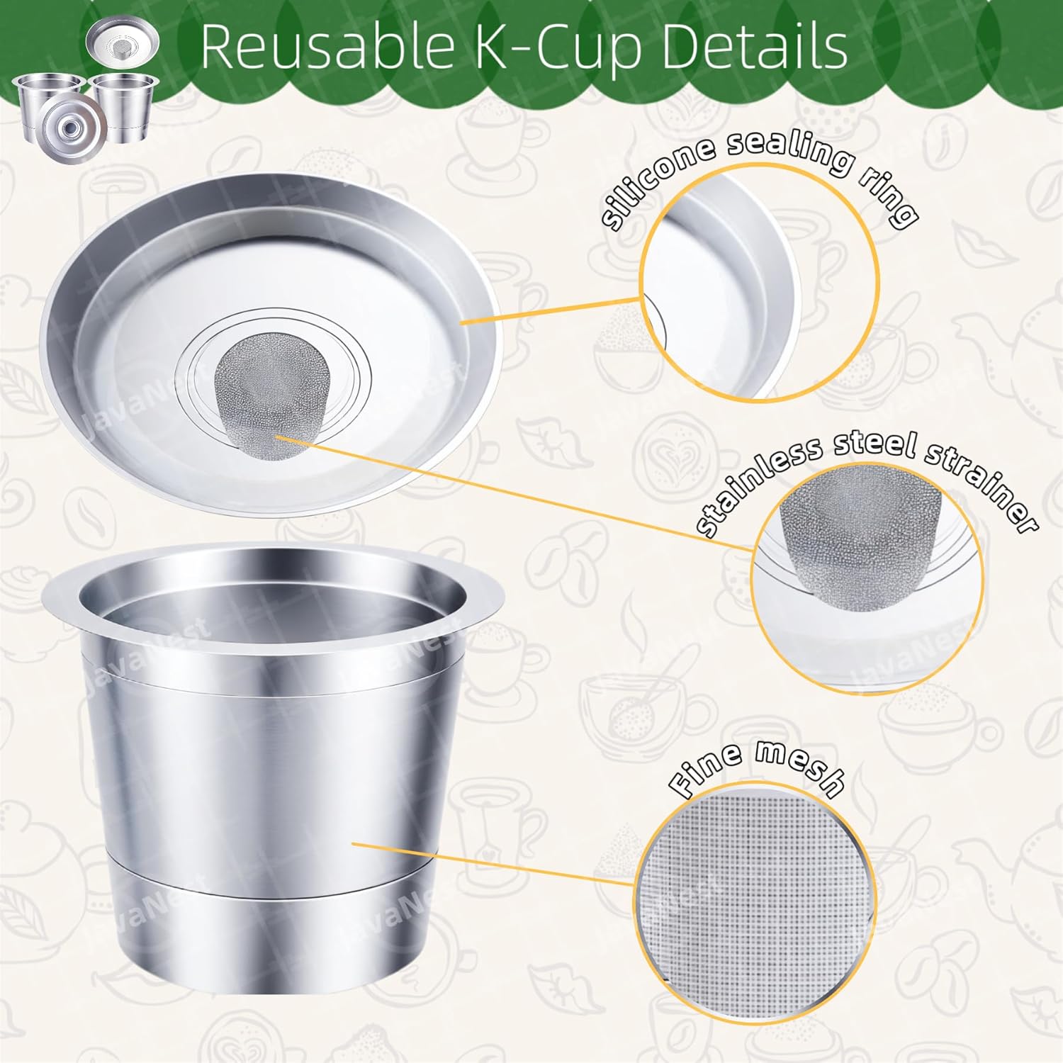 6 Pack Reusable K Cups with Stainless Steel Scoop – 304 Stainless Steel Coffee Pods Compatible with Keurig 1.0, Eco-Friendly Refillable Filter Set