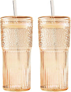 GOSCHE Glass Cups with Lids and Straws, 20oz Drinking Jar Glass Tumbler Iced Coffee Cups Set, Vintage Ripple Glassware Smoothie Cups for Water Coffee Tea, Amber, 2 Pcs