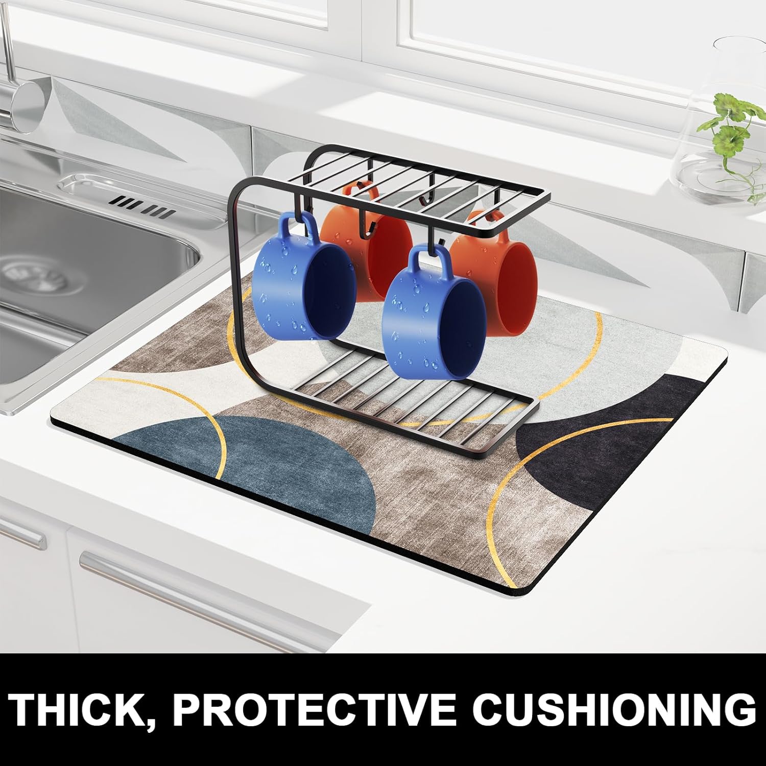 Rnivvi Dish Drying Mat for Kitchen Counter, 16 x 18" Cute Boho Theme Absorbent Heat Resistant Drying Pad with Non-slip Rubber, Coffee Bar Mats for Coffee Machine Dish Rack, Abstract Art Circle