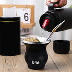 Yerba Mate Cup Set, Include Stainless Steel Double-Wall Mate Gourd with 2 Bombilla Straws and Cleaning Brush, 7.8oz Capacity, Black