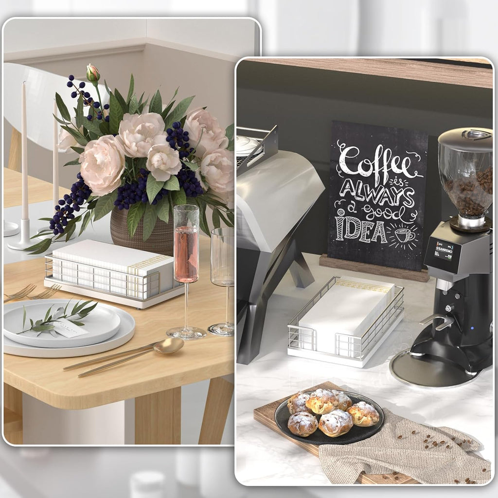 Wican Guest Towel Holder Tray for Bathroom, Oak and Iron Napkins Holder for Powder Room Dinning Table Wooden Basket for Disposable Paper Hand Towels Silvery and White