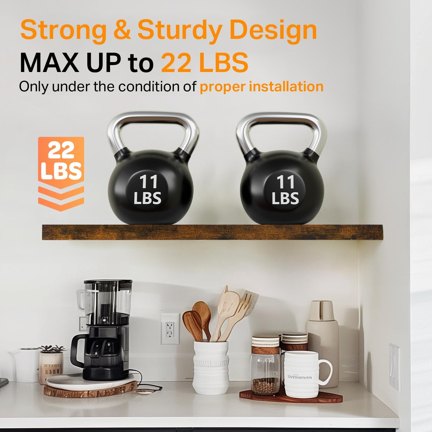 BAYKA Floating Shelves, 22.5 inch Rustic Wood Wall Mounted Shelves for Bedroom, Living Room, Kitchen & Office, Hanging Display Shelf with 22 lbs Capacity (Rustic Brown,Set of 2)