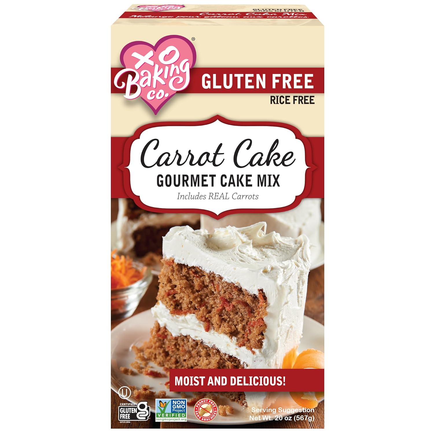 XO Baking Co. Gluten Free Carrot Cake Gourmet Cake Mix; Contains Real Carrots; Non-GMO; Kosher; Rice Free; Soy Free; Dairy Free; Peanut Free; No Preservatives; No Artificial Flavors or Colors, 20oz
