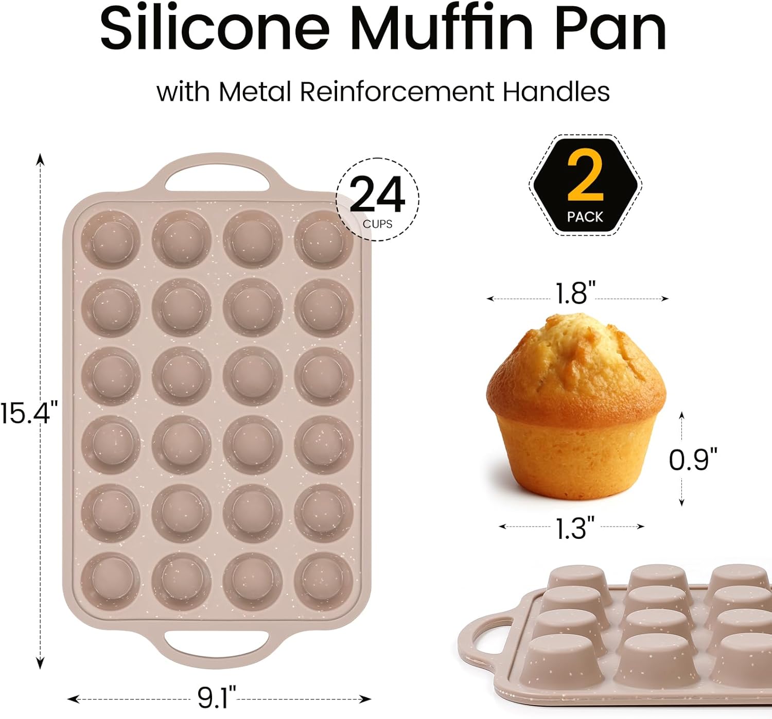 Vinino 2Pack Mini Silicone Muffin Pans for Baking with Metal Reinforced Frame, 24 Cups Mini Size Nonstick Cupcake Pan, BPA Free Oven Dishwasher Safe Baking Mold for Muffins Cupcakes