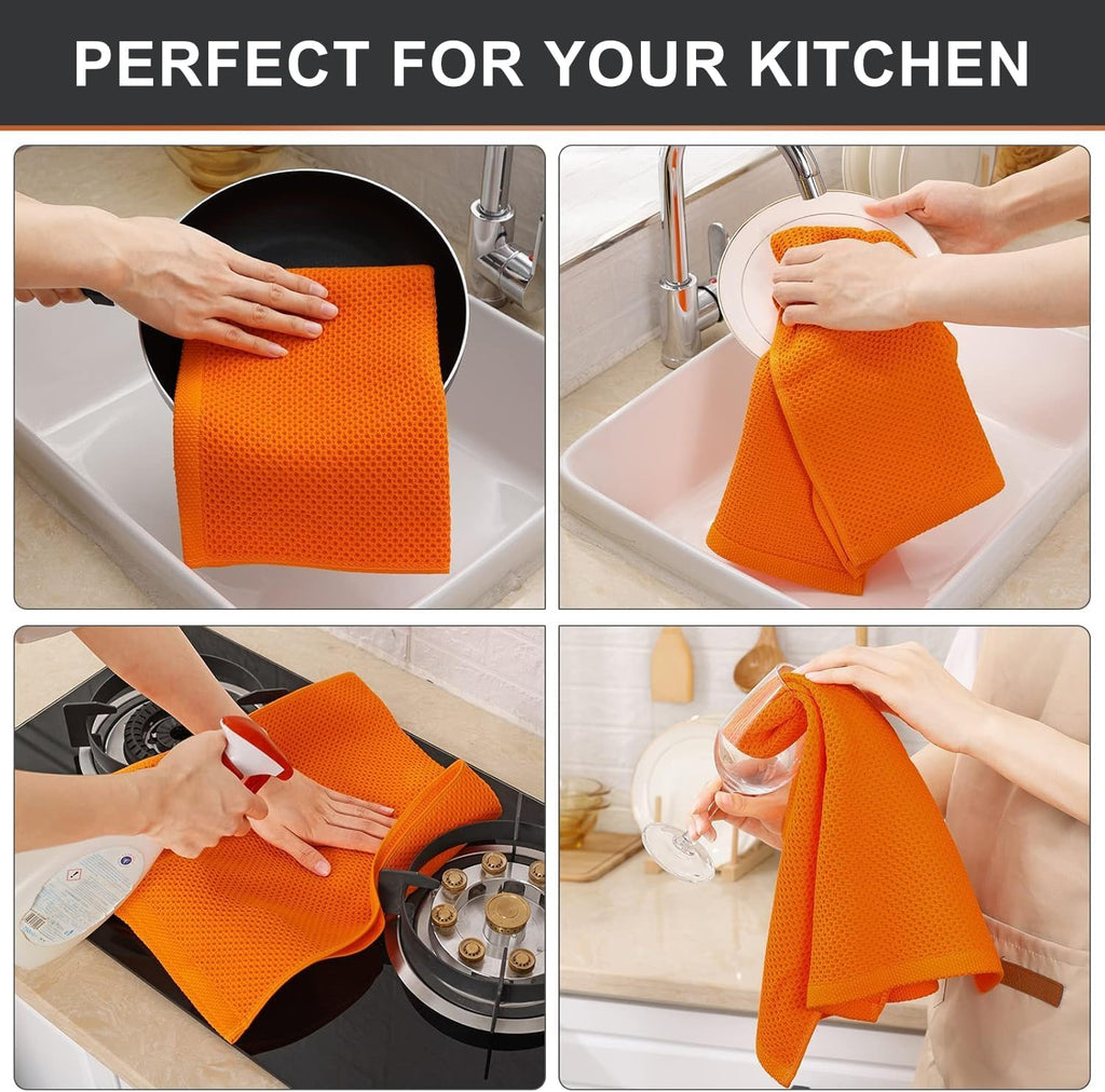 Kitinjoy 100% Cotton Waffle Weave Kitchen Towels, 4-Pack Super Soft and Absorbent Dish Towels for Drying Dishes, Kitchen Hand Towels, 13 in x 28 in, Orange