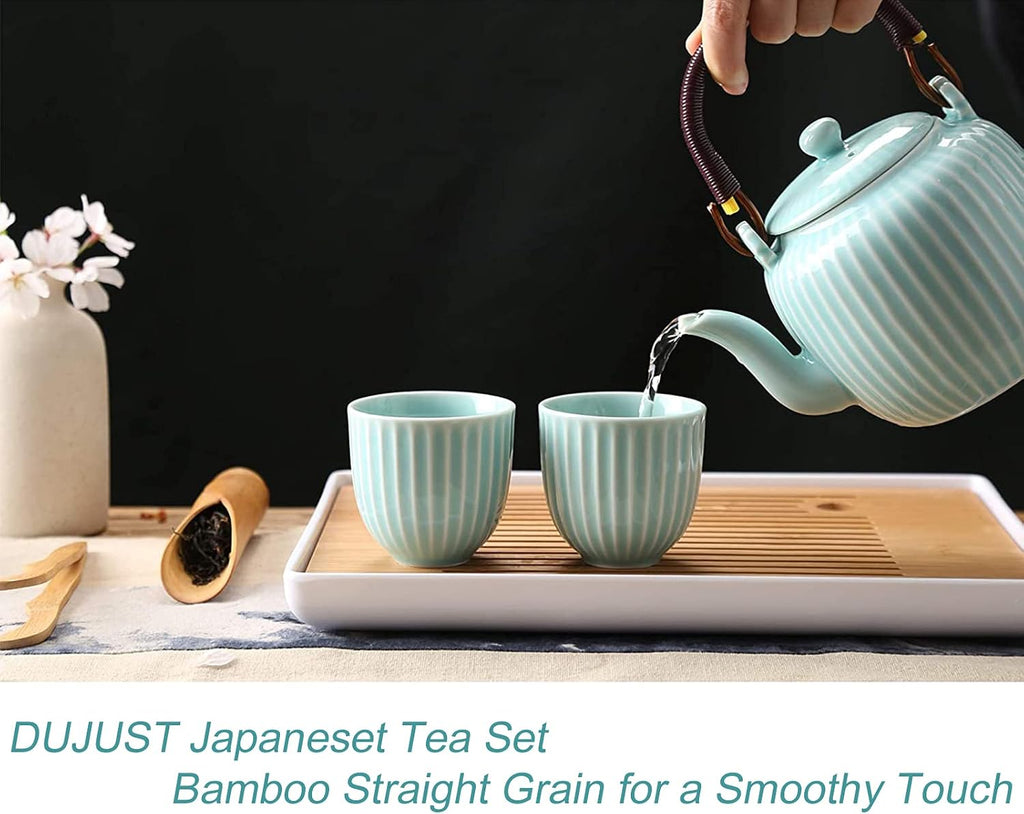 Dujust Japanese Tea Set, Cyan-blue Porcelain Tea Set with 1 Teapot Set, 6 Tea Cups, 1 Tea Tray, 1 Stainless Infuser, Asian Tea Sets for Adults/Tea Lover/Women/Men (Bamboo - Straight Grain Design)