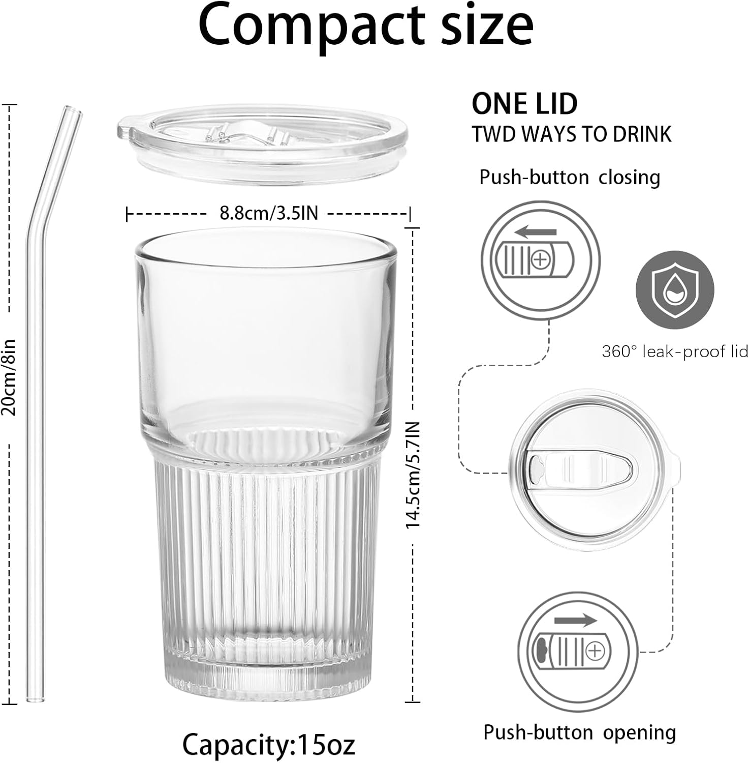 18.5oz Glass Cups with Lids and Straws – Single Reusable Tumbler, Thickened Shatter-Resistant Glass, Ideal for Iced Coffee, Smoothies, Cocktails, Juices – Elegant & Durable Drinkware