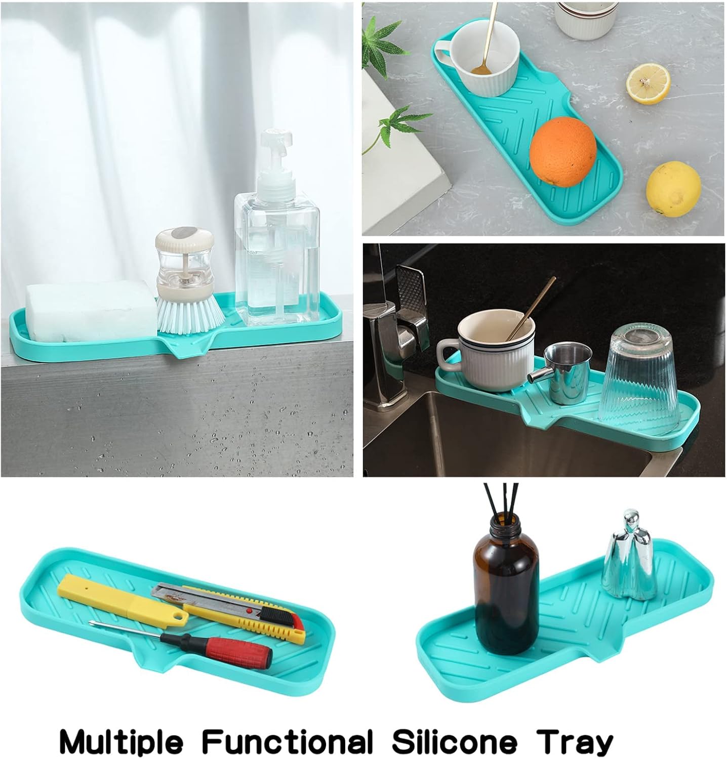 Silicone Bathroom Soap Dishes with Drain Spout-Bathroom and Kitchen Sink Organizer,Sponge Holder,Dish Soap Tray,Perfect for Dispenser,Scrubber,Bottle,Cup on Sink or Counter-Mint 12"×4"