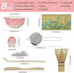 8PCS Matcha Whisk Set, Ceramic Matcha Kit Set Includes Bowl with Spout, Bamboo Spoon, Whisk, Holder, Sifter, Tea Cloth, Scoop and Scoop Stand (Hammered Gradient Pink and White)