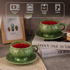 KAMMAK Tea Cups and Saucers Set of 2, Porcelain Coffee Cups, 8.5-Ounce Stackable Espresso Mugs, Ceramic Demitasse for Coffee, Latte, Americano, Tea, Green Flower