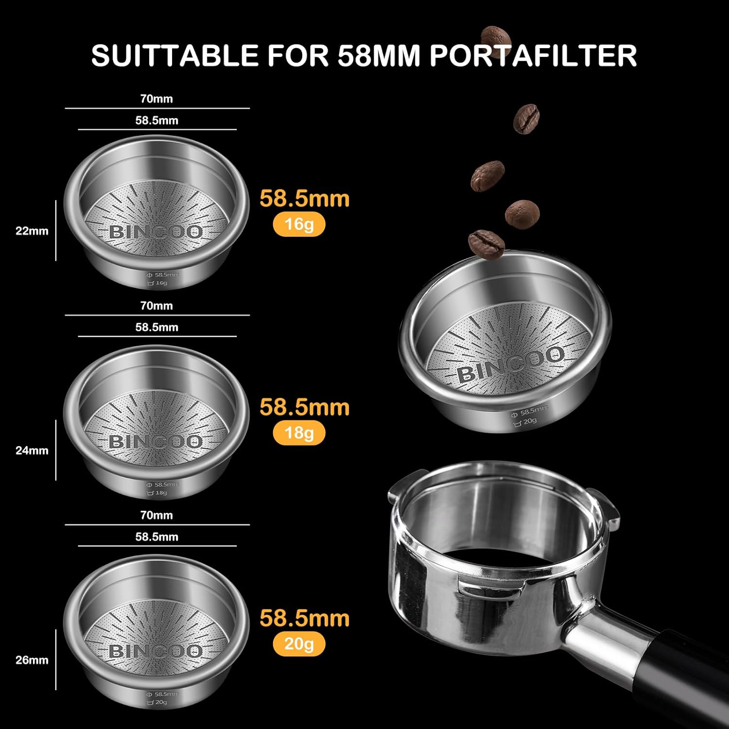 Bincoo Precision Espresso Filter Basket Compatible with 58mm Espresso Machine Portafilters,304 Stainless Steel Portafilter Basket for 16g/18g/20g,High-Precision Holes(20g- 58.5mm)