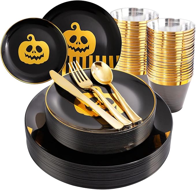 KIRE 25 Guest Halloween Plates Black Gold Plastic Plates Smiley Pumpkin include 50PCS Black &150PCS Gold Plastic Silverware&25PCS Clear Black Cups for Halloween Party