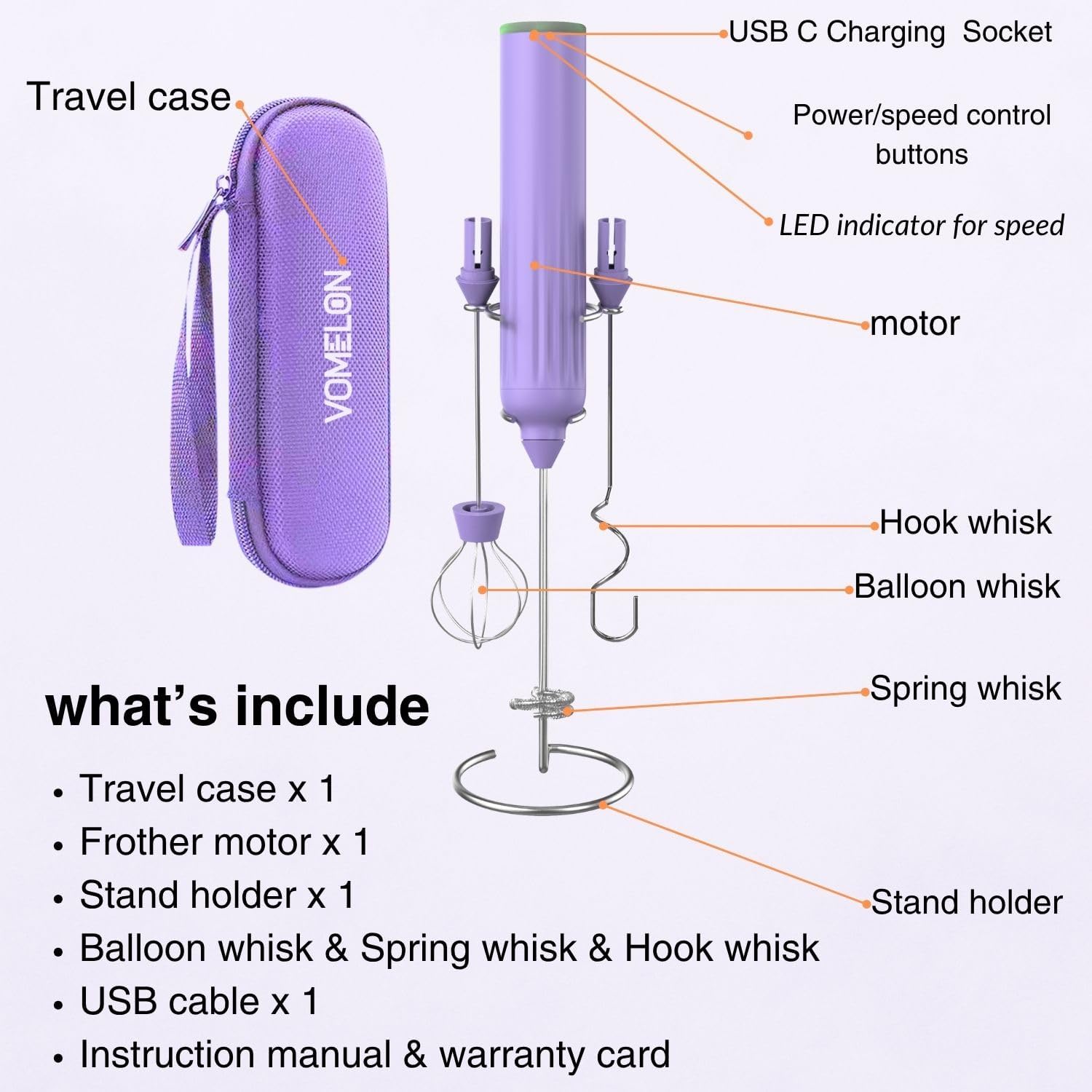 Milk Frother Handheld with 3 Stainless Steel Whisks, Rechargeable Electric Drink Mixer with Stand & Travel Case, Milk Foamer for Coffee, Latte, Cappuccino, Hot Chocolate, Egg,Jam Supplement-Purple