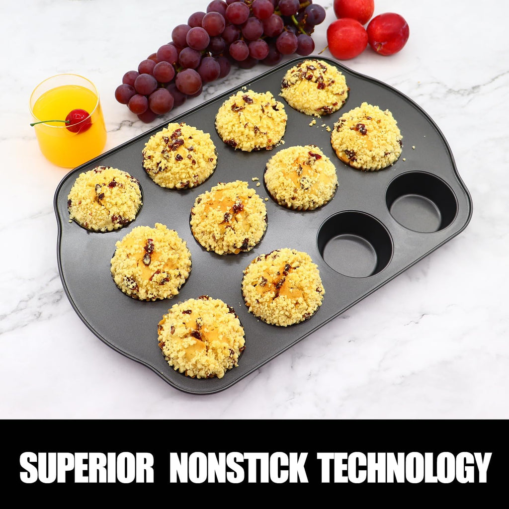 12+24 Muffin Pan Set (2 Pack) - Nonstick Cupcake Tins Dark Gray | Heavy Duty Carbon Steel, Rustproof, Oven Safe Baking Gift